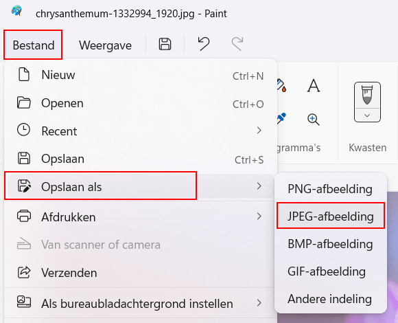 Afbeelding opslaan in Paint