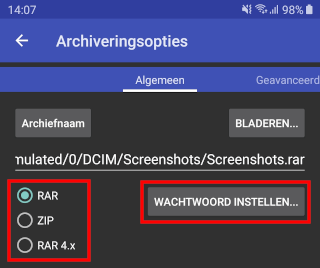 Archief formaat selecteren en wachtwoord instellen knop in RAR
