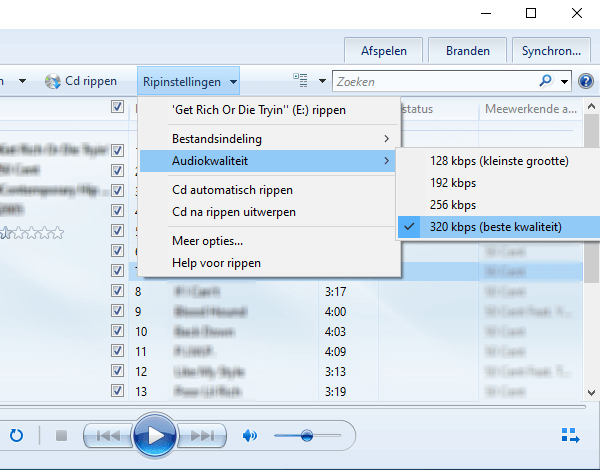 Audiokwaliteit selecteren in Windows Media Player