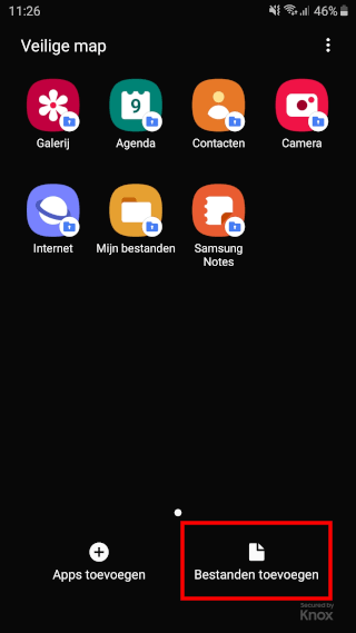 Bestanden toevoegen knop in Veilige map op een Samsung-telefoon