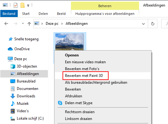 Bewerken met Paint 3D context menu optie in Windows 10