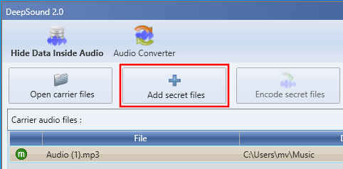DeepSound Add secret files knop