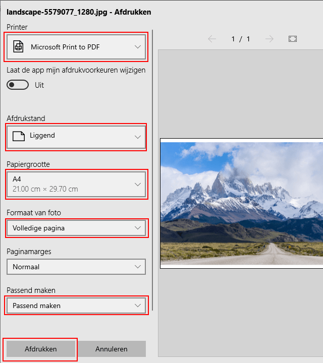 Afbeelding converteren naar PDF in Windows 10 met behulp van de Foto's-app