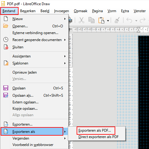 Exporteren als PDF menu item in LibreOffice