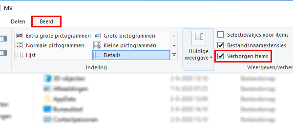 Geef verborgen items weer in Windows 10 Verkenner