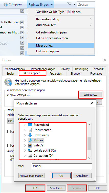 Locatie wijzigen in Windows Media Player