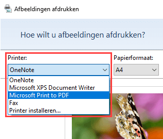 Microsoft Print to PDF selecteren in Windows 10