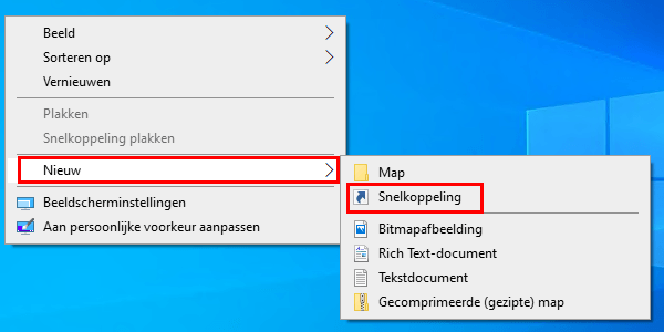 Een nieuwe snelkoppeling maken op het bureaublad in Windows 10