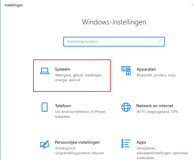 Open Systeem instellingen in Windows 10