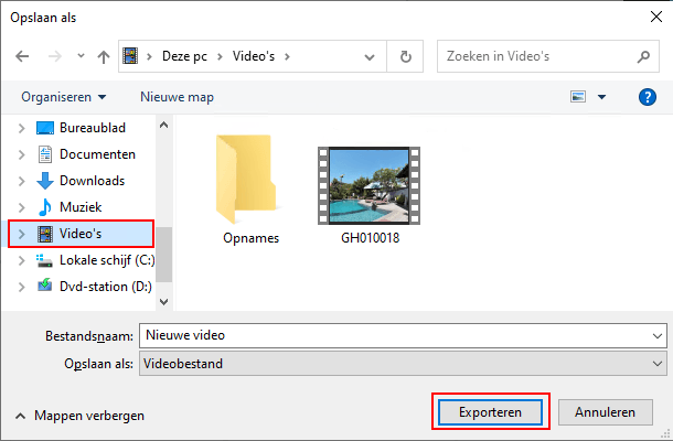Opslaan als venster in Windows 10 Video Editor
