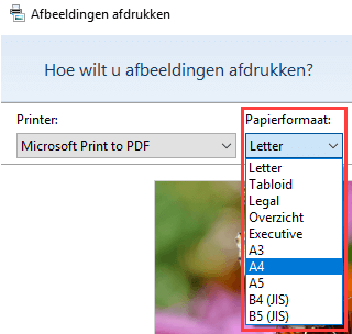Papierformaat selecteren in het Afbeeldingen afdrukken venster in Windows 10