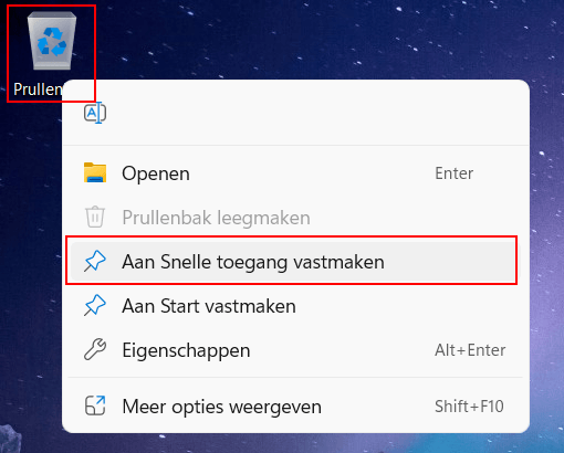 Prullenbak vastmaken aan het Snelle toegang menu in Verkenner