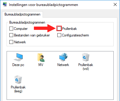 Prullenbak verwijderen van bureaublad in Windows 10