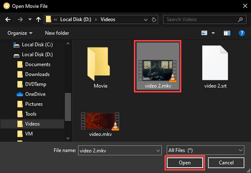 QtlMovie Open Movie File venster