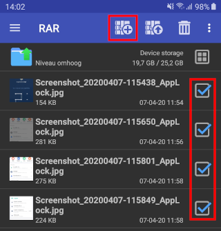 selecteer bestanden of mappen in RAR