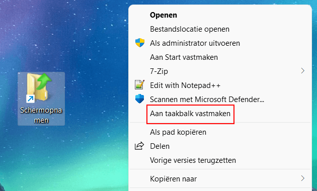 Snelkoppeling van map aan taakbalk vastmaken in Windows 11