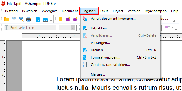Vanuit document invoegen menu item in Ashampoo PDF Free