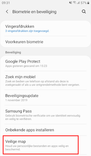 Veilige map instellingen op een Samsung-telefoon