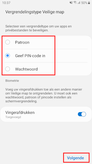 Veilige map pincode en wachtwoord instellingen op een Samsung-telefoon