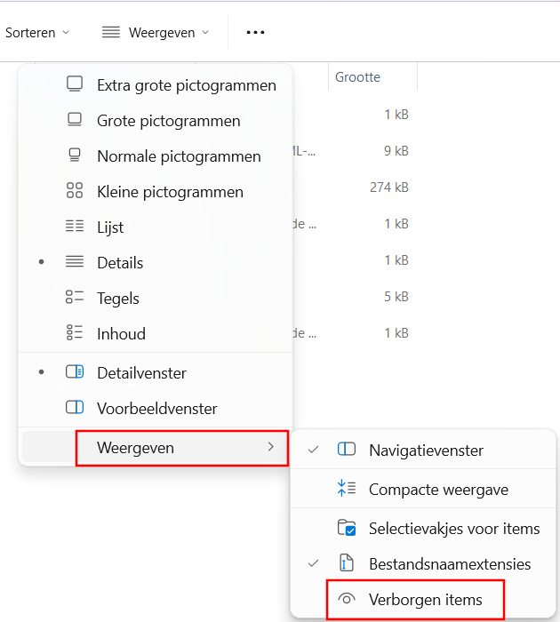Verborgen items weergeven in Windows 11 Verkenner