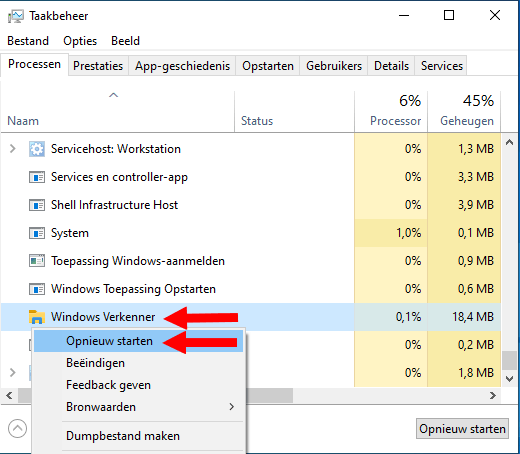 Windows Verkenner proces opnieuw starten
