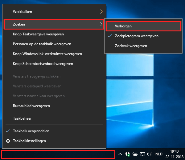 Zoekbalk verwijderen van de taakbalk in Windows 10