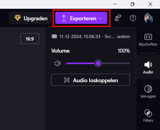 Clipchamp exporteren knop