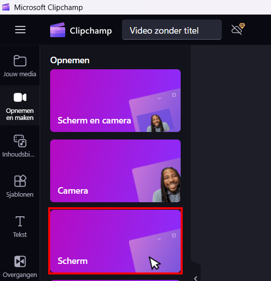 Clipchamp opnemen menu
