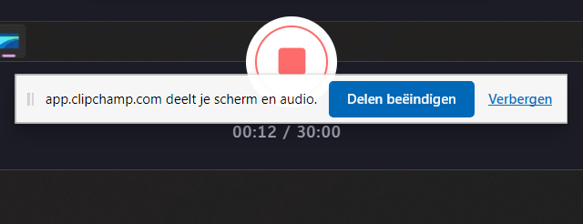 Clipchamp stopknop en Delen beëindigen knop