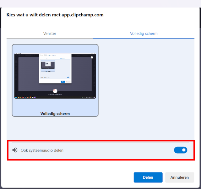 Clipchamp systeemaudio delen optie