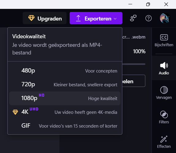 Clipchamp videokwaliteit keuzemenu