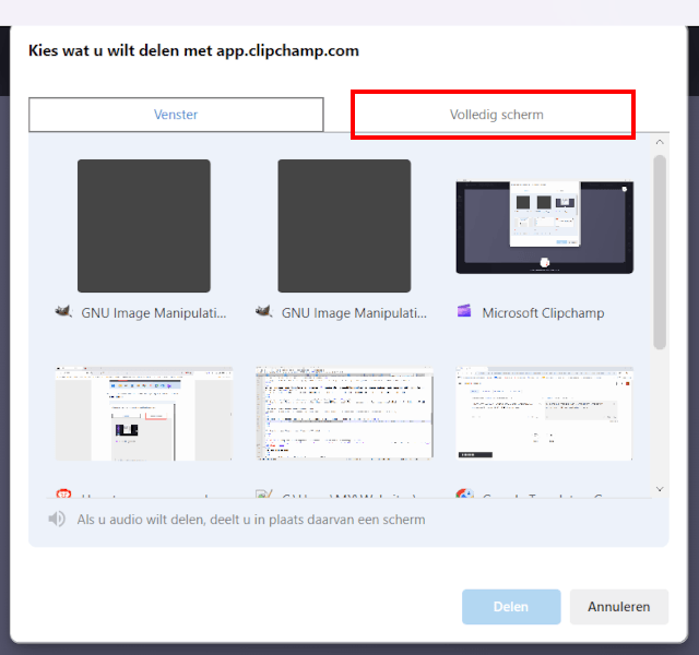 Clipchamp Volledig scherm opnemen