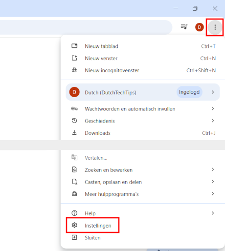 Google Chrome menu openen en naar Instellingen gaan