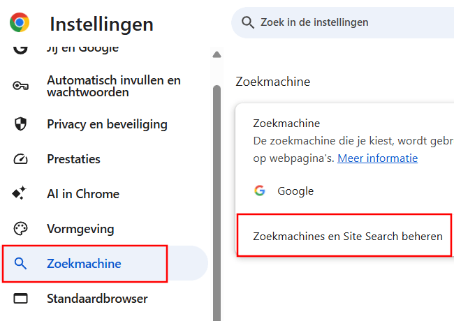 Google Chrome zoekmachines en Site Search beheren