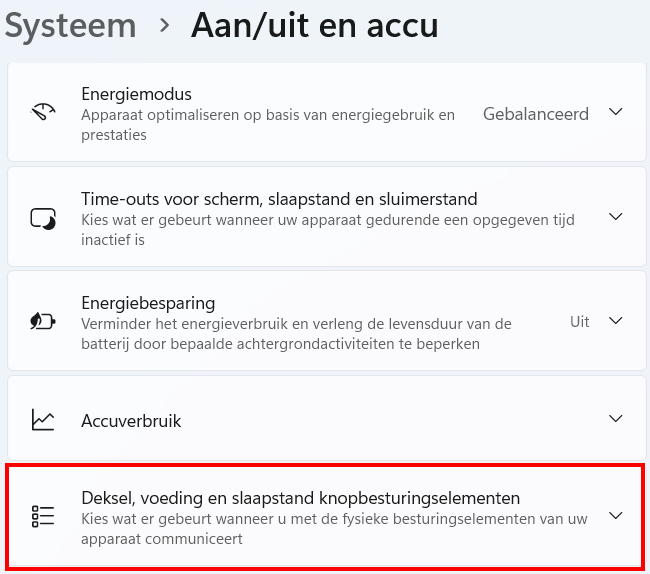 Windows 11 Deksel, voeding en slaapstand knopbesturingselementen openen