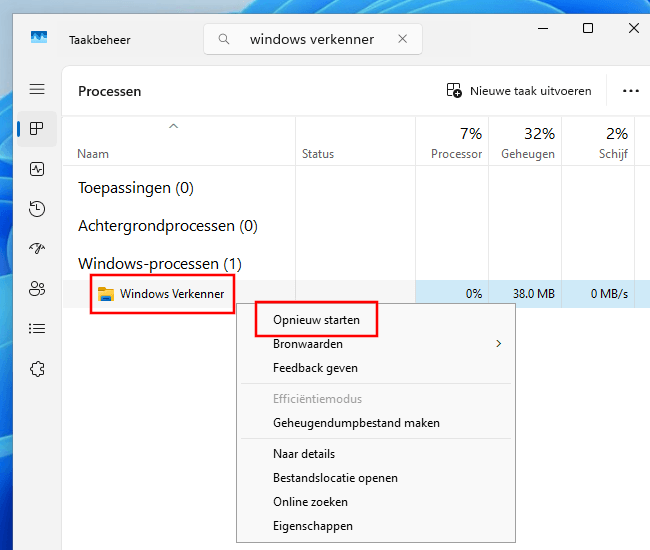 Windows Verkenner-proces opnieuw starten