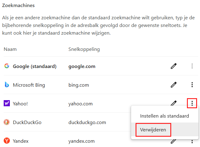Yahoo zoekmachine verwijderen uit Google Chrome