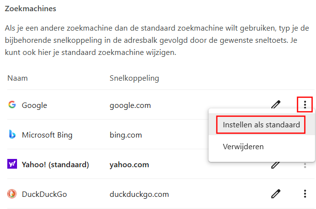 Zoekmachine instellen als standaardzoekmachine in Google Chrome